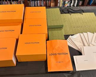 Collection of Louis Vuitton and Gucci Boxes and Chanel Cleaning Care Cloth Kits