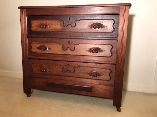 $125 Walnut Chest, carved pear handles, 35"H  x 38"W  x 18 1/2"D