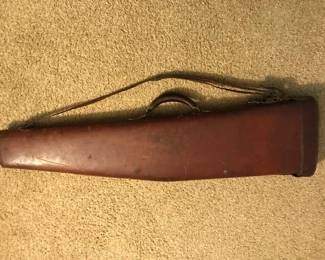 $95  vintage leather shotgun case  34 H  x  9 at wide end  