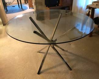 $275 Alivar (?) glass top dining table 41.5 round  x 27.5 H  on folding chrome base and with 4 Bruer chairs 
