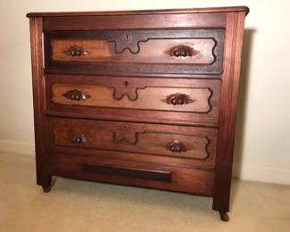 $125 Walnut Chest, carved pear handles, 35"H  x 38"W  x 18 1/2"D