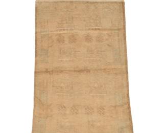 $245 Overdyed Afghan Pictorial War Rug : An overdyed Afghan pictorial war rug featuring faint tanks and grenades is a unique, modern interpretation of a genre that emerged in the 1980s following the Soviet invasion of Afghanistan. These rugs combine traditional nomadic weaving skills with the harsh realities of decades of conflict, transforming weapons of war into artistic motifs