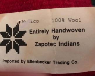 tag for the next 6 rugs handwoven in Mexico by The Zapotec Indians, an indigenous civilization native to Oaxaca, Mexico,  known for their ancient capital at Monte Albán (500 BCE–900 CE) and modern, autonomous communities. They refer to themselves as Bën Za ("People of the Clouds")