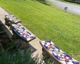 3 Mosaic  benches & we have aCement Mosaic table. 