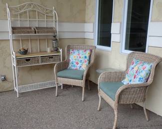 RATTAN SIDE CHAIRS - IRON BAKERS RACK