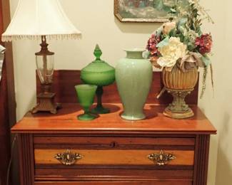 TWO TONE 3 DRAWER DRESSER - IRON & GLASS LAMP