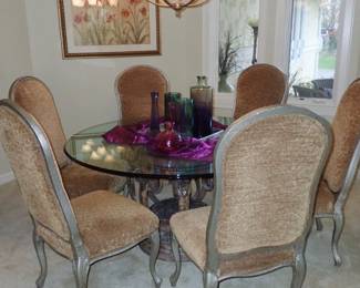 ROUND GLASS TOP RD PEDISTAL TABLE & 6 CHAIRS