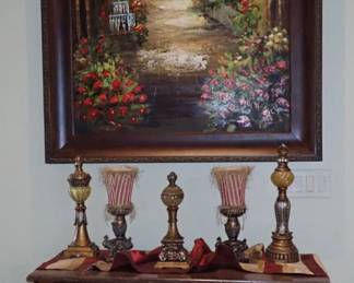 VTG DRESSER  3 DRAWERS - DECOR CANDLE HOLDERS - LARGE FRAMED TOWN PATH