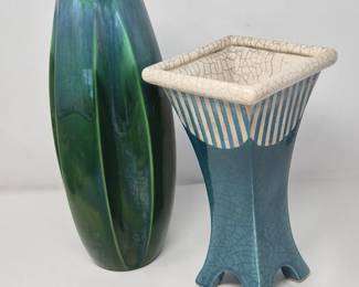 Vase Duo: Signed Studio Tower Vase + Iridescent Drop‑Glaze Vase