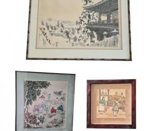 Asian Motifs Watercolors & Woodblock Print Art Collection