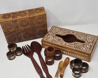 Hand‑Carved Wood Boxes, Teak Salad Server & Napkin Rings