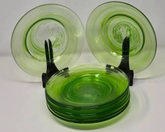 Set of Eight Handmade Green Swirl Art Glass Salad Plates