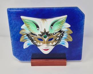 Gentinetta Ceramic Mask Mounted on Cobalt Art Glass