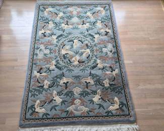 Blue Earthtones Wool Rug Crane Motif