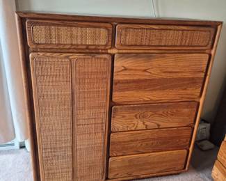 Lane Oak & Cane Highboy Dresser with Pull‑Down Desk