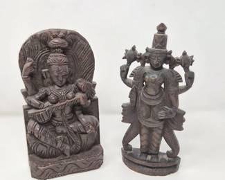Pair of Hindu Wood Carvings Saraswati Vishnu