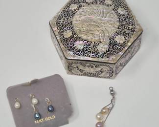 MOP Inlay Box with Pearl & 14k Gold Charms + Silver Pearl Pendant