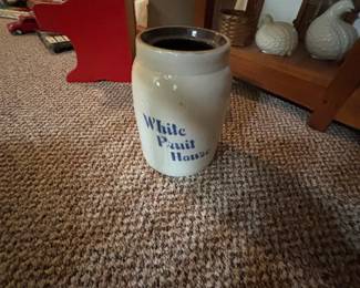 Antique White Fruit House Stoneware Crock