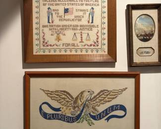 Framed Pledge of Allegiance and E Pluribus Unum CrossStitch Samplers