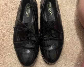 Adolfo Italian-made black patent leather tuxedo shoes, classic formalwear styling.