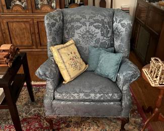 Kittinger Newport Mahogany Blue Damask Wing Claw Foot Chair