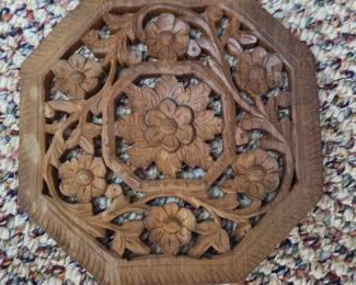 Octagonal HandCarved Wood Trivet with Floral Motif