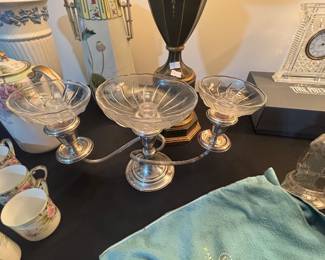 Gorham Sterling Silver Three-Light Epergne Centerpiece with Glass Bowls, Pattern 643