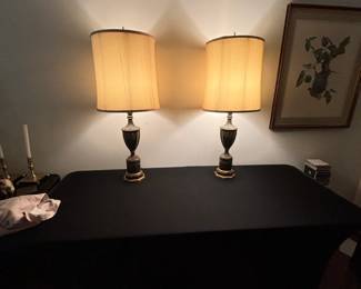 Pair of Vintage Black and Gold Toleware Urn Table Lamps