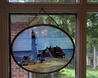 Oval Stained Glass Panel with Lighthouse Scene by Glassmasters