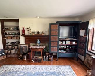 Pie safe, antique tables, crocs, camera, and antique glassware  