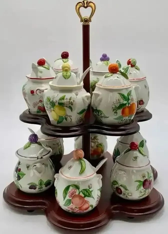 12 Pc Porcelain Jam Jelly Sugar Bowls w/ Spoons Fruit Design Tiered Wood Stand Set