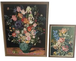 Vintage Framed Needlepoint Floral Still Life Pair – Large & Small Vase Flower Arrangements – Classic