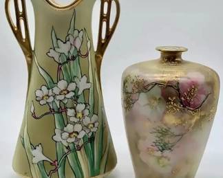 Pair Hand Painted Nippon Porcelain Vases Floral Gold Gilt Antique Style Japan