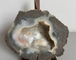 Natural Agate Geode Slice w/ Druzy Quartz Crystal Center on Wood Stand Decor Specimen