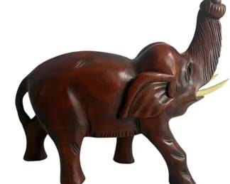 Hand Carved Wooden Elephant Figurine w/ Tusks 12” Vintage Decor Sculpture