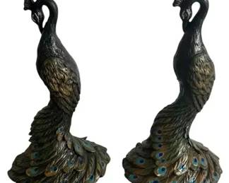 Pair Vintage Hand Carved Wood Peacock Figurines Painted Tail Feathers Set of 2 Home Decor
