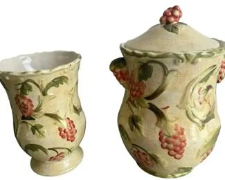 Raymond Waites Umbria Ceramic Vase & Lidded Jar Set Crackle Glaze Grape Floral Decor