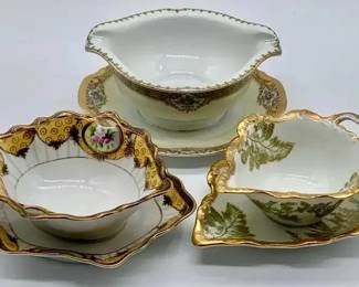 Antique Porcelain Sauce Gravy Boat Lot 3 Noritake Limoges TV Nippon Gold Floral w/ Underliner