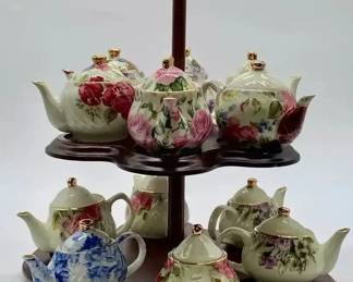 Mini Teapot Collection w/ Wooden Display Stand Floral Porcelain Teapots 2 Tier Rack