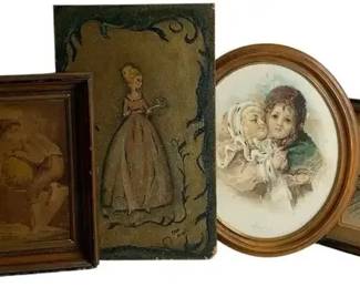 Vintage Framed Art Lot 4 Folk Painting Signed Sketch Children Print Wall Decor Set