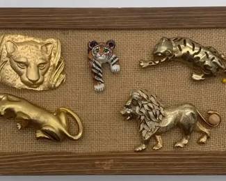Lot 5 Vintage Gold Big Cat Pins Brooches Lion Leopard Panther Tiger Shadow Box Display