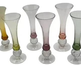 Set 6 Art Glass Champagne Flutes Colored Bowls Bubble Stem Vintage Elegant Barware