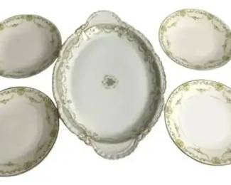 Theodore Haviland Limoges France Serving Set Platter Bowls Green Gold Floral Antique