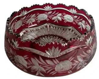Ruby Red Cut to Clear Crystal Bowl Floral Etched Glass Centerpiece Vintage Decor
