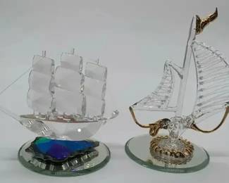 Vintage Crystal Glass Sailboat Figurines Set of 2 Gold Accent Nautical Decor Display Collectible