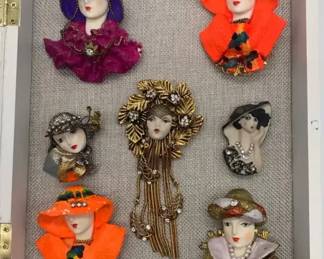 Lot 7 Vintage Victorian Lady Face Brooches Pins Porcelain Fabric Art Deco Shadow Box