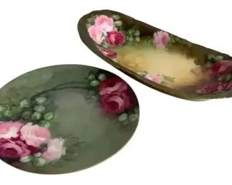 Antique T&V Tressemanes Vogt Limoges France Hand Painted Rose Plate Celery Tray Lot 2 Gold