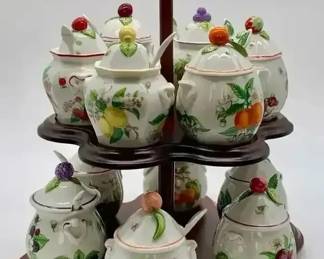 12 Pc Porcelain Jam Jelly Sugar Bowls w/ Spoons Fruit Design Tiered Wood Stand Set