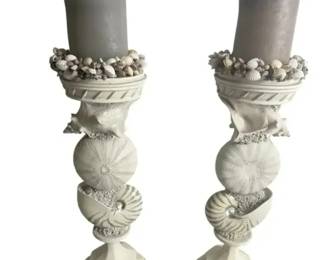 Pair Coastal Seashell Candle Holders w/ LED Candles Beach Nautical Decor 2C Designs