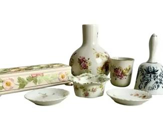 Antique Victorian Porcelain Lot 6 Pc 1898 Vase Bell Ruffled Bowl Flower Frog Plates Floral